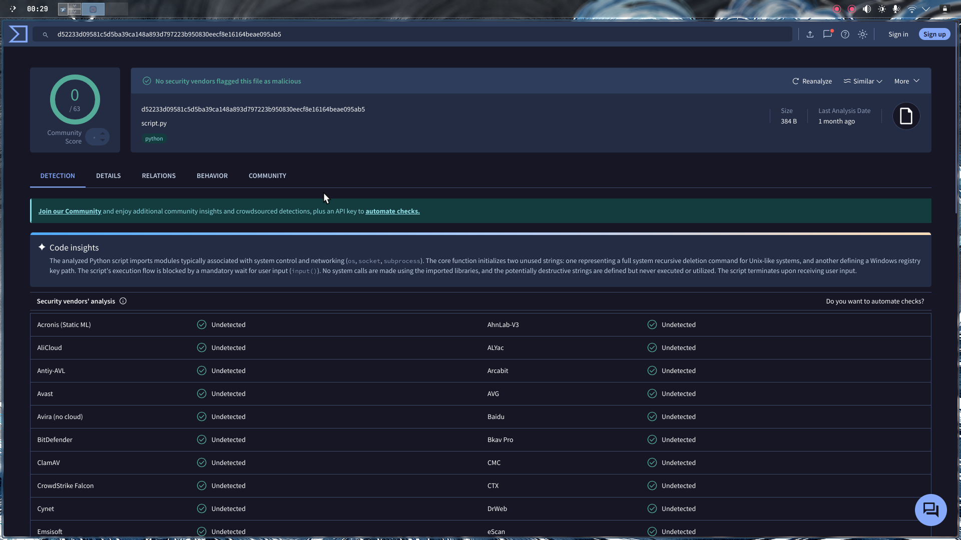 VirusTotal scan results showing date