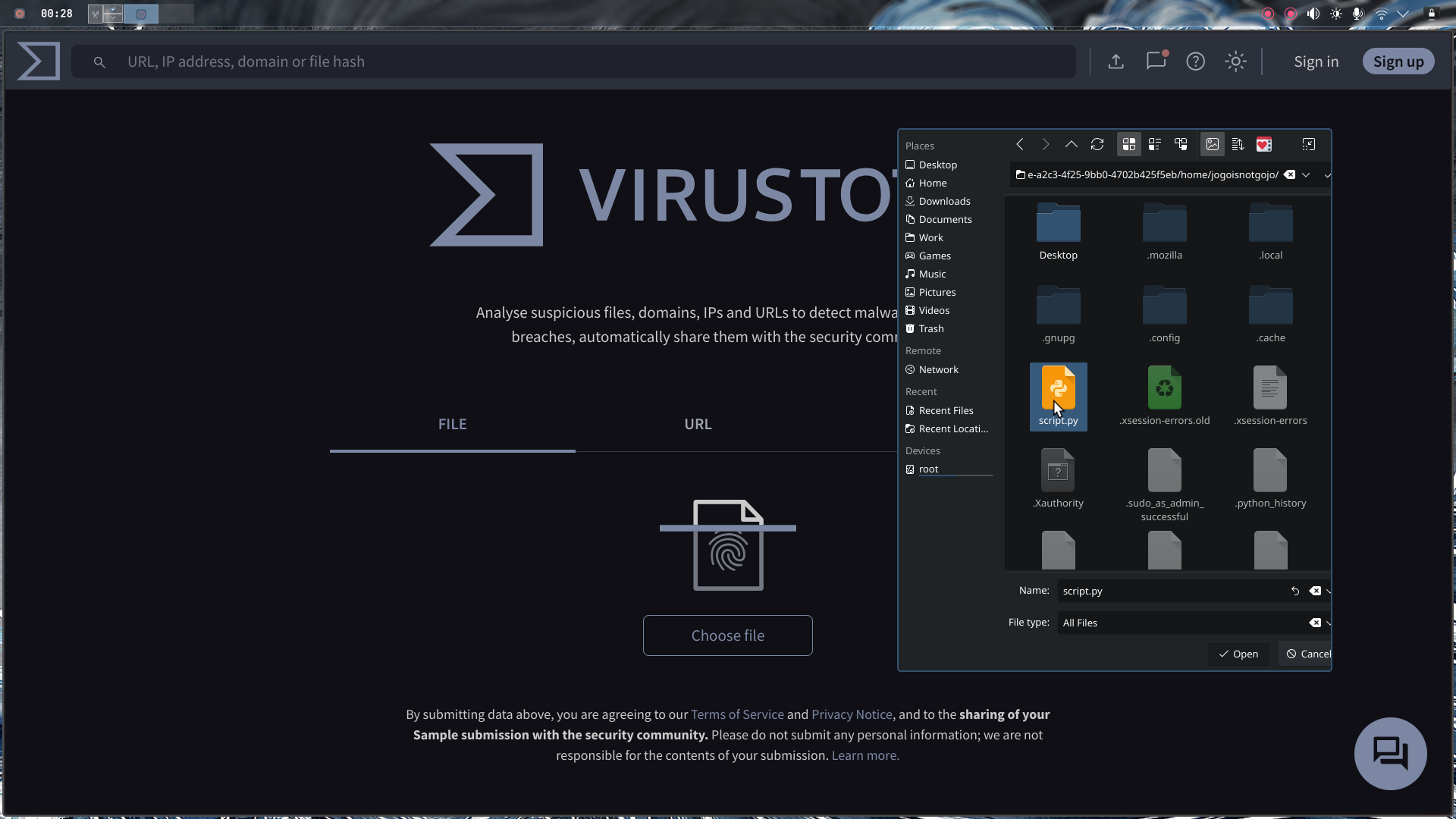 VirusTotal upload interface
