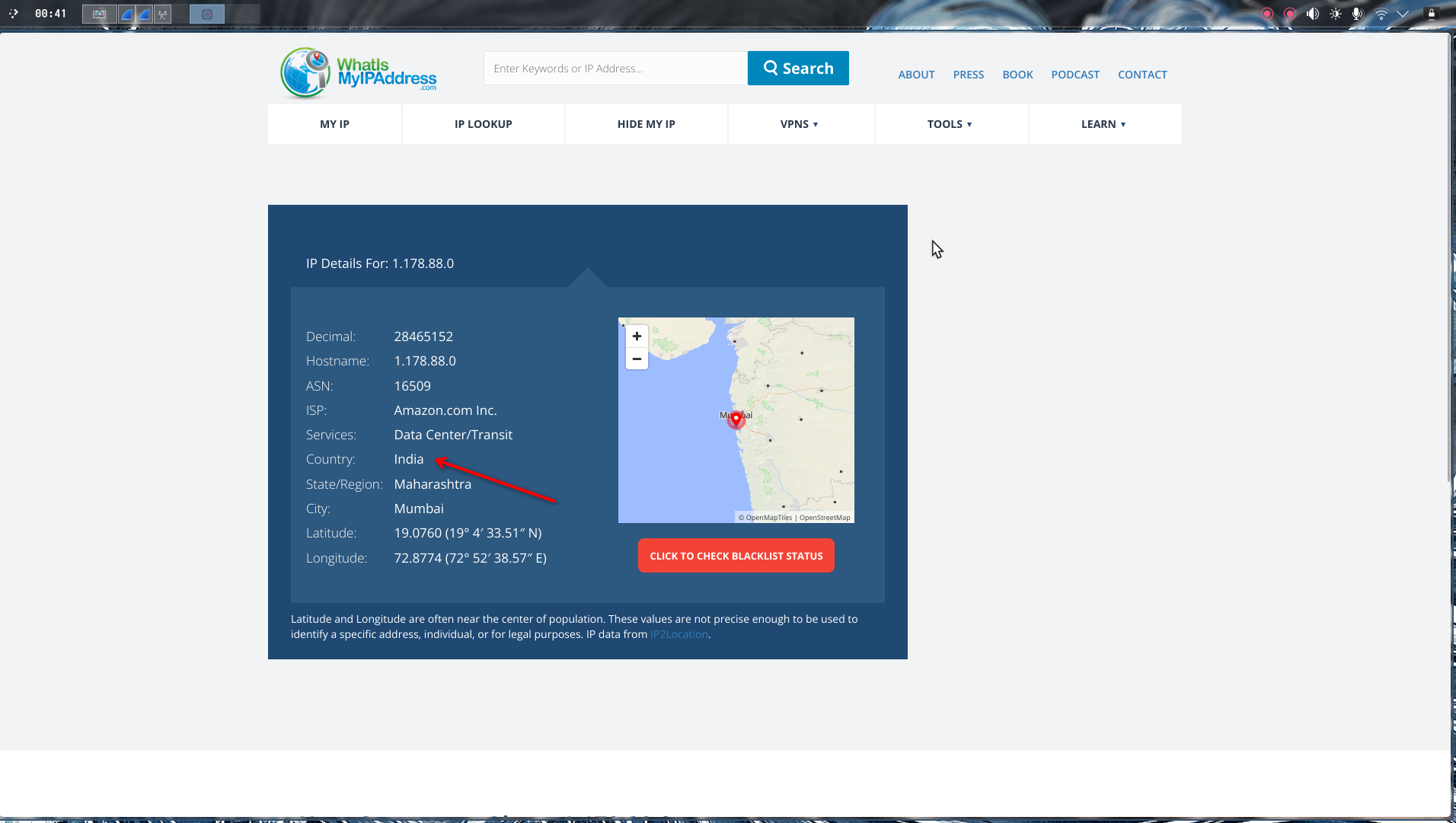 IP geolocation showing India